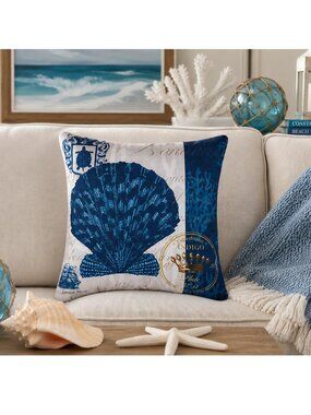 Indigo Blue Scallop Shell Indoor / Outdoor 18 x 18 Pillow by Kathryn White